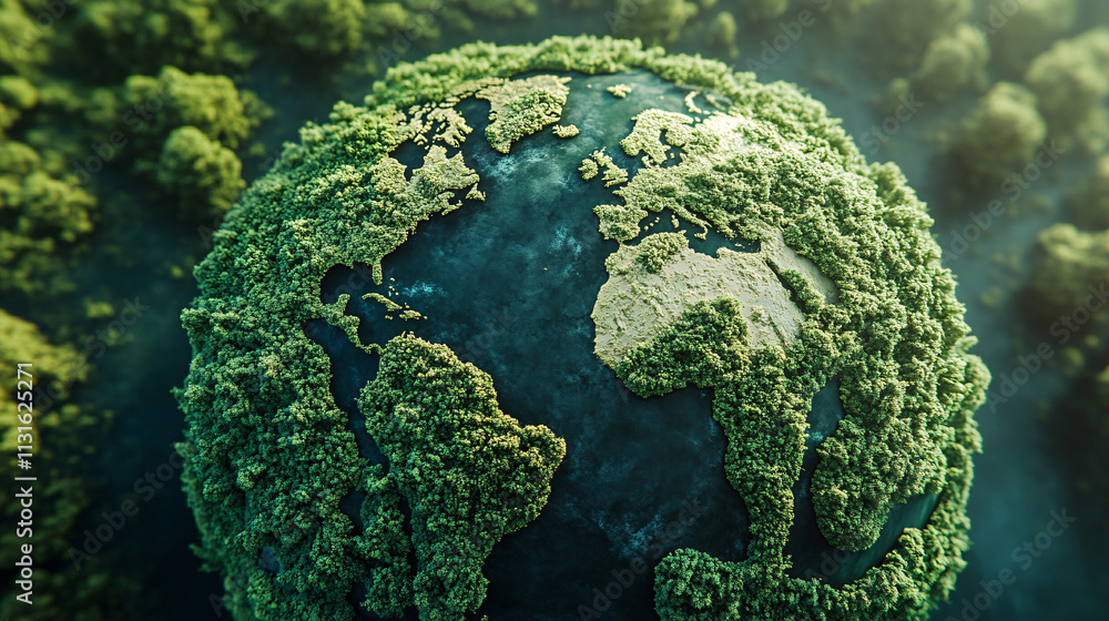 Poster an abstract world globe where the continents are formed by dense green foliage, symbolizing environm