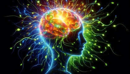 Obraz premium glowing human brain wrapped in vibrant, radiant vines symbolizing emotional growth and psychological