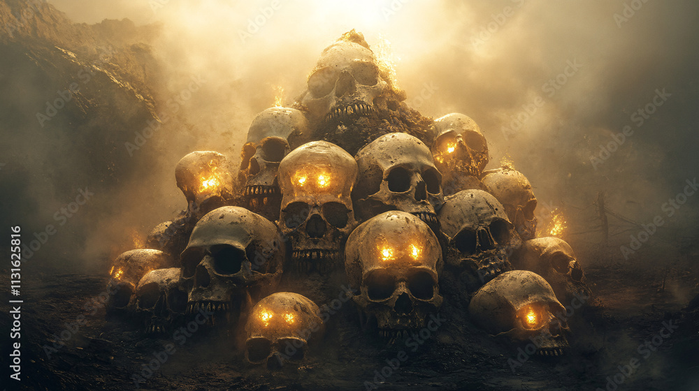 Poster an ethereal fog enveloping a pyramid of skulls, each glowing faintly, casting an otherworldly ambian