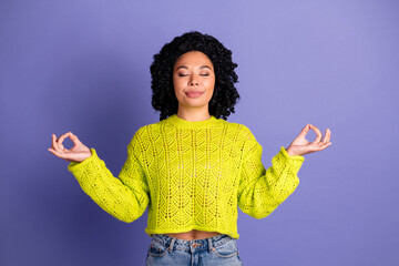 Photo portrait of pretty young girl closed eyes meditate gesture wear trendy yellow outfit isolated...