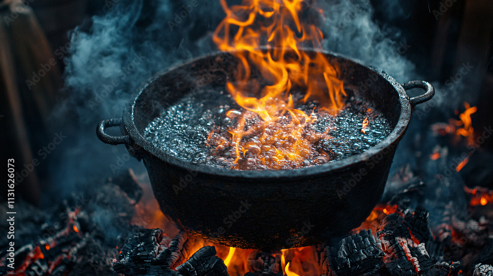 Poster an iron bucket surrounded by fire, with a stream of water overflowing and creating sizzling steam as
