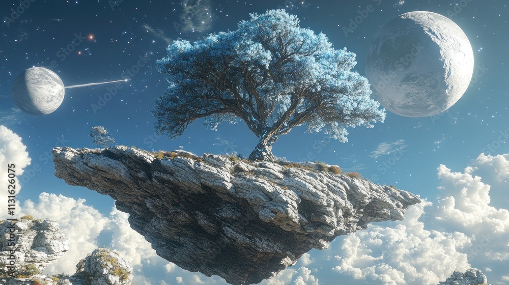 Poster a surreal landscape featuring a floating tree on a rocky island with celestial bodies in the sky.