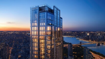 Modern skyscraper at sunset, overlooking city and river.