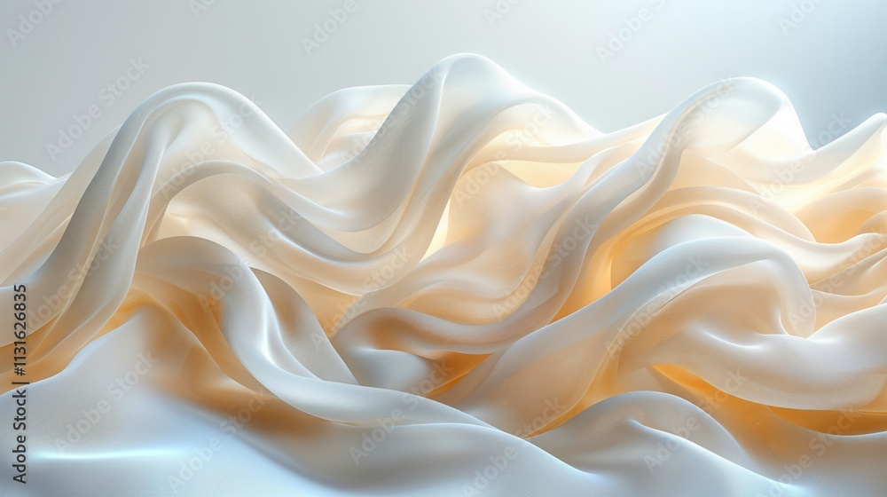 Poster soft waves of translucent fabric create a serene, flowing texture with warm, ethereal lighting.