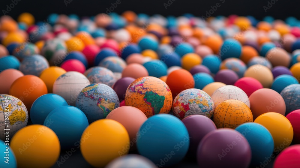Poster colorful assortment of globes and balls representing diversity and global unity in vibrant backgroun