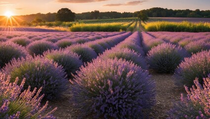 Obraz premium Lavender field glowing in warm sunset light