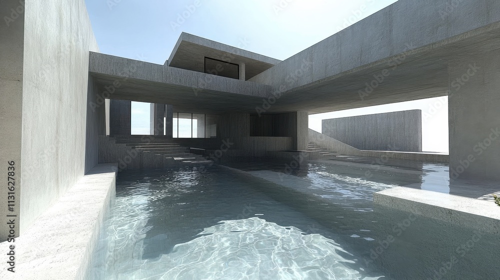 Poster modern concrete architecture featuring a tranquil water feature