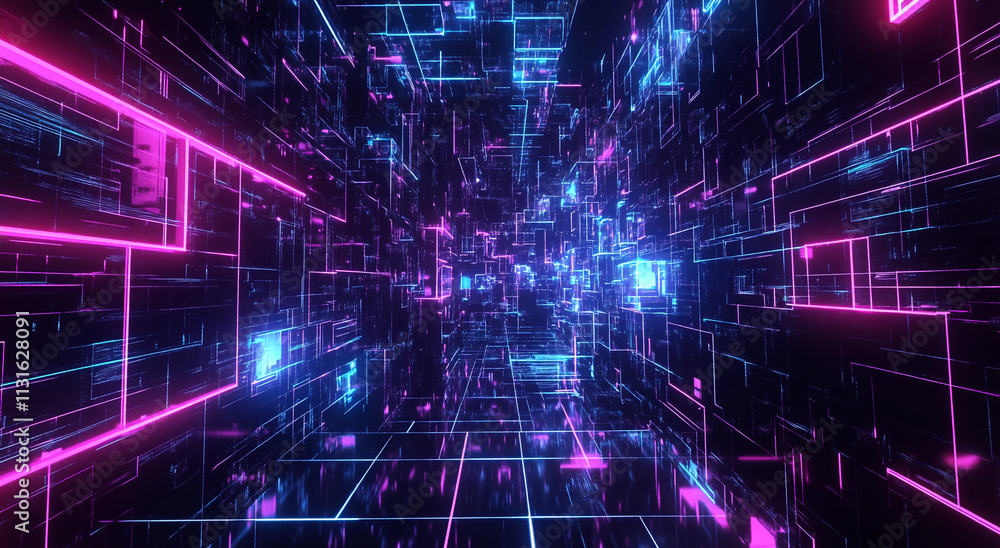 Aufkleber vibrant neon digital grid with glowing lines and 3d effects in a futuristic space