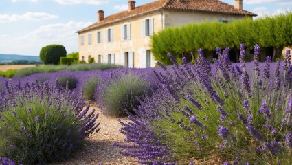 Lavender fields blooming by rustic house in provence