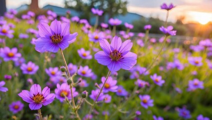 Fototapeta premium Lavender flowers blooming beautifully in sunset garden