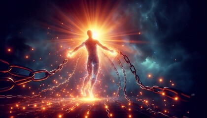 glowing human silhouette breaking free from radiant chains symbolizing liberation from psychological constraints