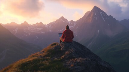 Fototapeta premium person working from a mountaintop with a laptop, remote work while immersed in nature