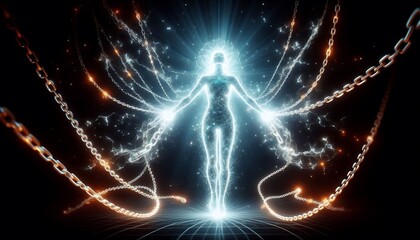 glowing human silhouette breaking free from radiant chains symbolizing liberation from psychological constraints