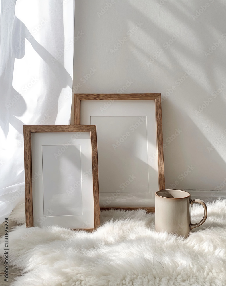 Aufkleber light shines on empty frames and a coffee mug on a fluffy surface in a cozy setting