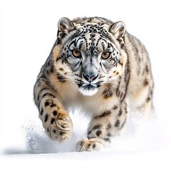 Fototapeta premium a graceful and agile snow leopard in mid-motion, isolated on a white background.