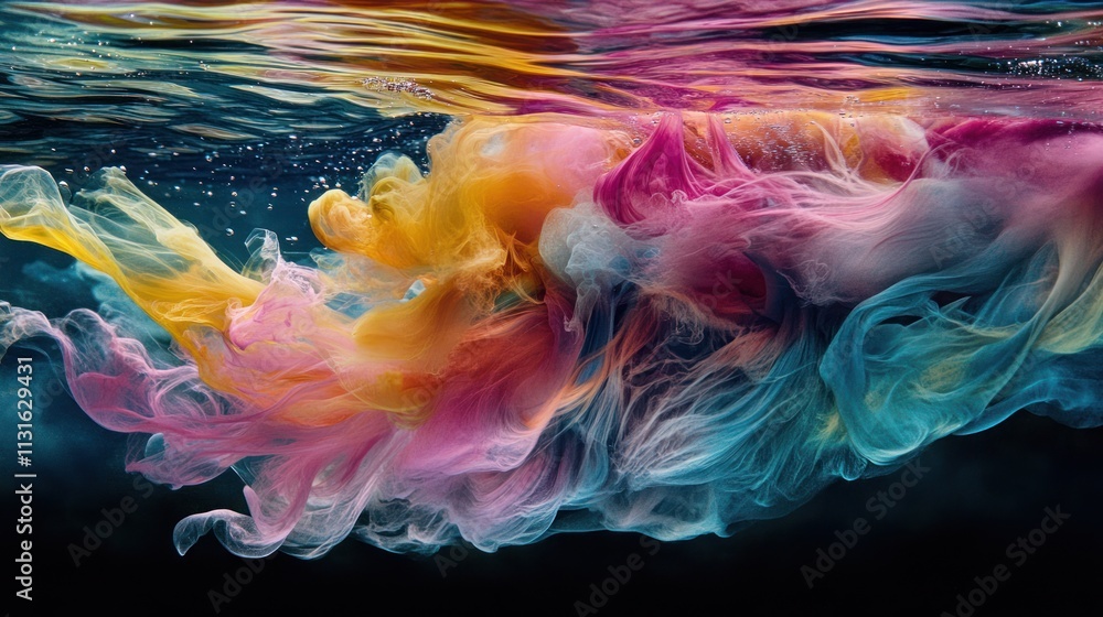 Poster a vibrant swirl of colorful smoke or ink underwater, creating an abstract and dynamic visual.