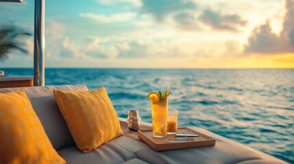 Obraz premium relaxing scene on the deck of a yacht, with soft cushions, refreshing drinks