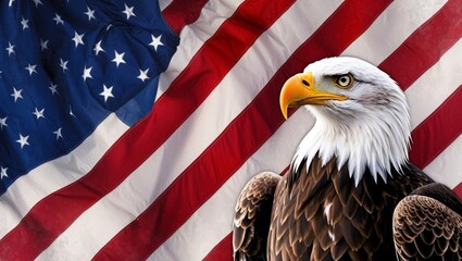 Naklejka premium Majestic bald eagle with american flag backdrop