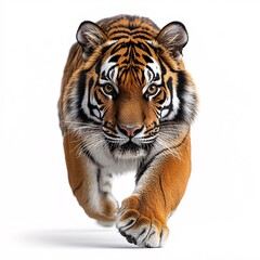Obraz premium A strong and powerful tiger with intense eyes, isolated on a white background.