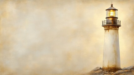 A vintage lighthouse stands illuminated against a soft, warm background, perfect for themes of guidance and safety, Ideal for travel, maritime, or motivational projects,