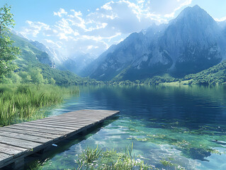 A serene lakeside view surrounded by mountains