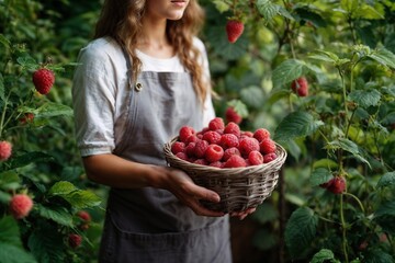 fresh red juicy summer raspberry from the garden in the hands of a young woman in gray apron and shirt	