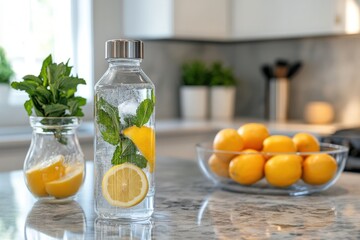 Refreshing lemon mint water on a kitchen counter with fresh lemons and mint