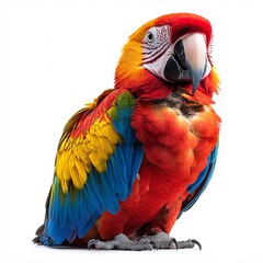 Fototapeta premium A striking and colorful macaw parrot with vivid feathers, isolated on a white background.