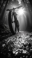 Obraz premium A mountain bike resting on a muddy trail in a misty forest, illuminated by soft light.