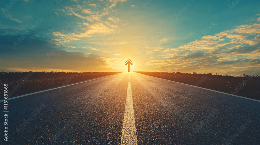Poster endless highway stretching into the horizon with arrow pointing forward symbolizing new beginnings p