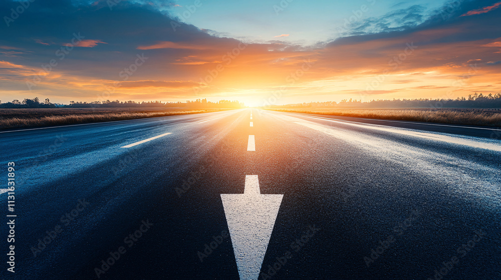 Poster endless highway stretching into the horizon with arrow pointing forward symbolizing new beginnings p