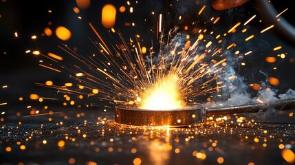 A close-up of sparks flying from a metal surface during a welding process.