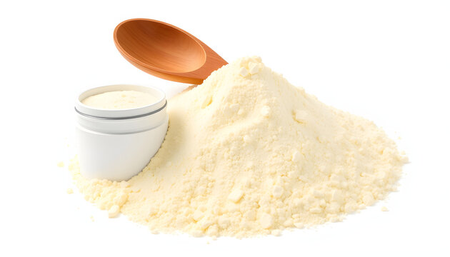 Pile of bovine colostrum powder with wooden spoon and white container on white background. Colostrum benefits for immune system and gut health concept isolated with white highlights, png