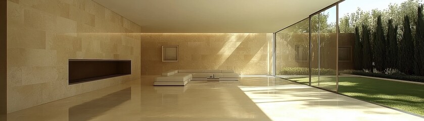 Modern Minimalist Living Room With Glass Wall And Garden View