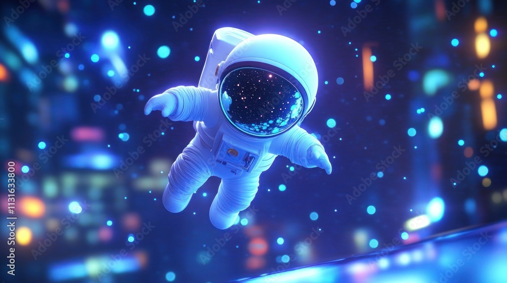 Poster an astronaut floating in a vibrant, futuristic space environment with glowing particles.