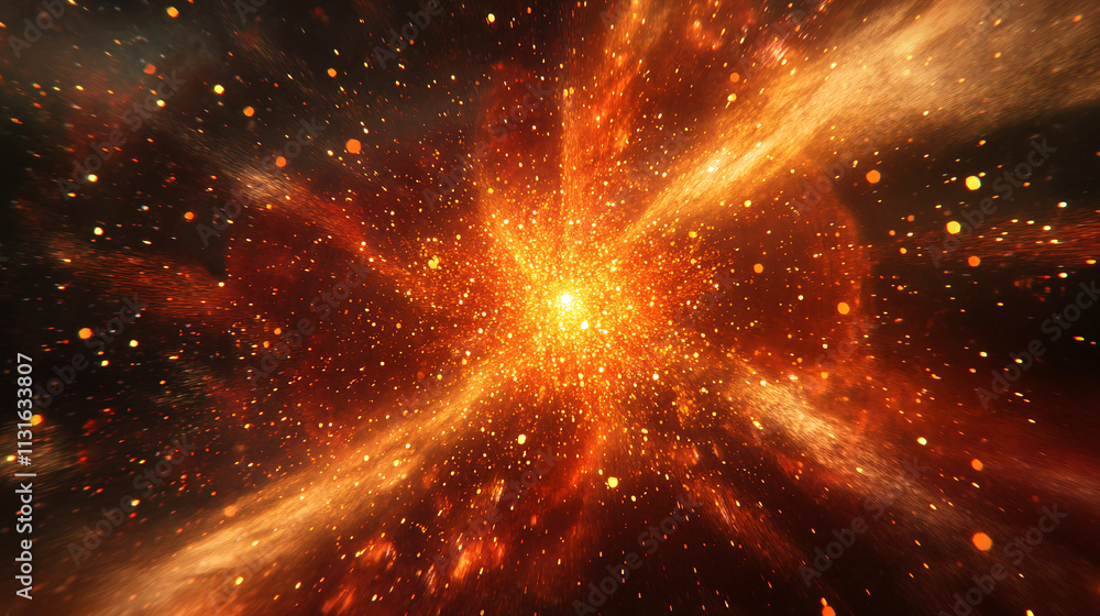 Poster expanding waves of fiery red and gold sparks radiating from a central core, symbolizing power and cr