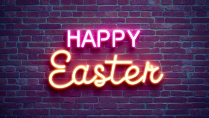 Neon happy easter lettering on brick wall