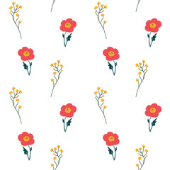 Seamless floral pattern with delicate red flowers and yellow stems on a white background. Perfect for textiles, wallpapers, stationery, and nature-inspired designs