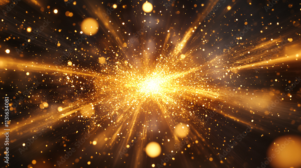 Poster exploding burst of golden light and tiny particles, radiating from a central point, symbolizing inno