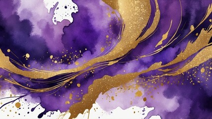 Vibrant purple and gold abstract watercolor art with flowing patterns and splashes