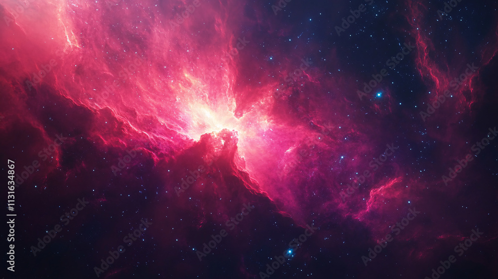 Poster exploding nebula of radiant red and pink light, with tiny blue particles scattered in space, evoking