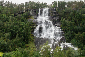 A stunning waterfall flows through a lush forest, tumbling over rocks and surrounded by vibrant...