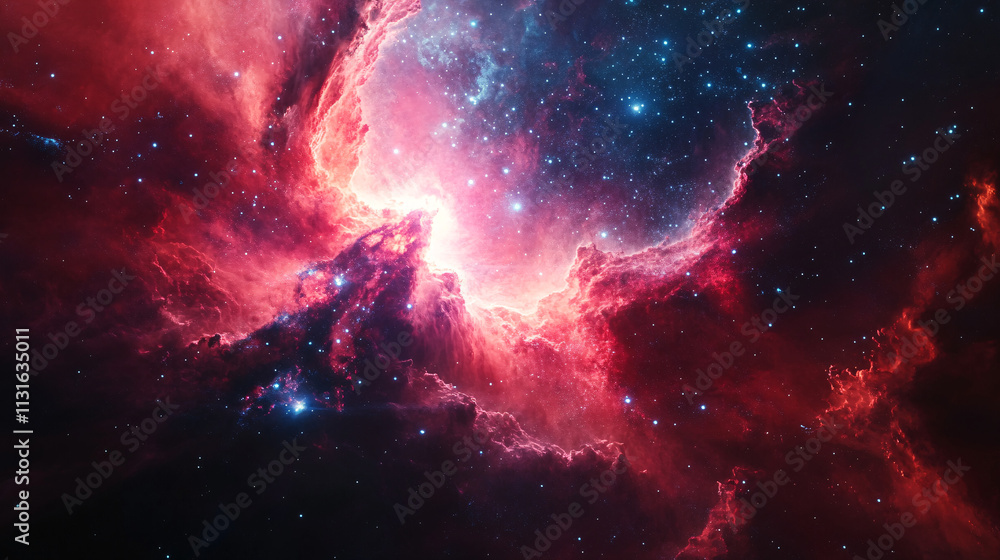 Poster exploding nebula of radiant red and pink light, with tiny blue particles scattered in space, evoking