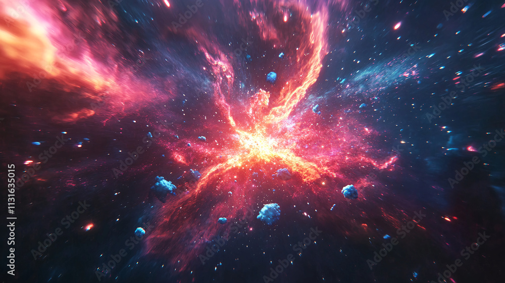 Poster exploding nebula of radiant red and pink light, with tiny blue particles scattered in space, evoking