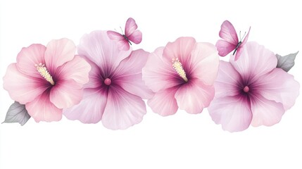 Obraz premium A beautiful arrangement of pink hibiscus flowers and a delicate butterfly, ideal for floral designs, greeting cards, or any nature-themed projects, Vibrant and elegant