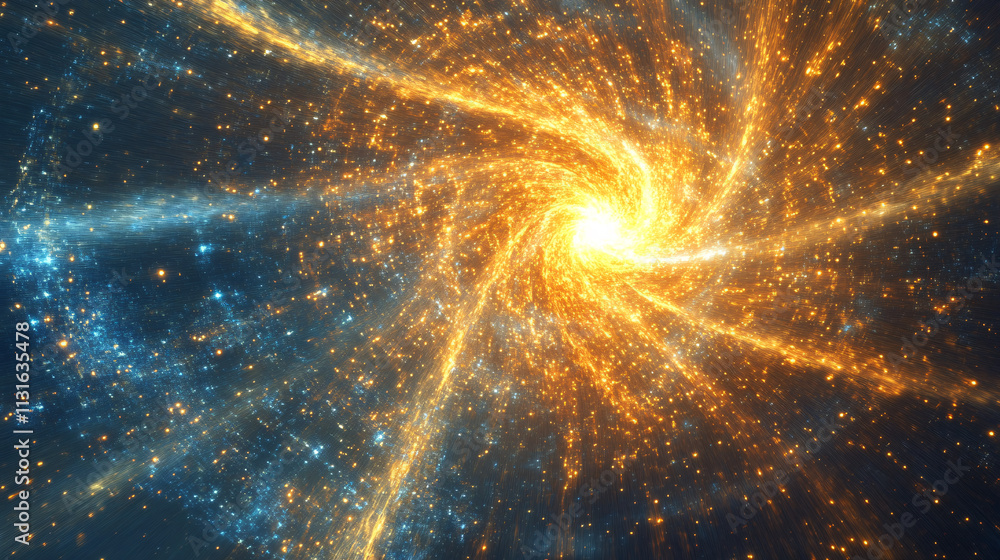 Poster exploding vortex of golden light beams with tiny blue particles spiraling outward, symbolizing creat