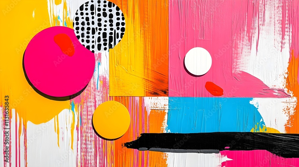 Poster vibrant abstract art with colorful circles and brush strokes on textured canvas background