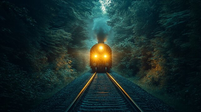 Mystical steam train emerging from dark forest at night.
