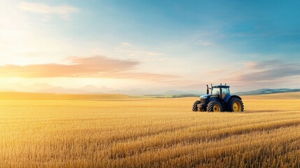 Fototapeta premium Tranquil Landscape with Tractor in Golden Wheat Field Under Bright Blue Sky at Sunset