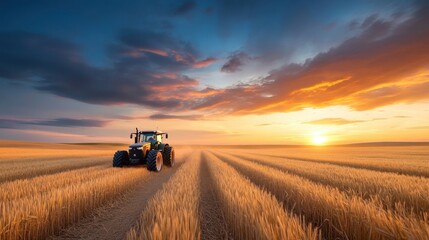Fototapeta premium Vibrant Sunset Over Golden Wheat Field with Farming Tractor on Rural Landscape
